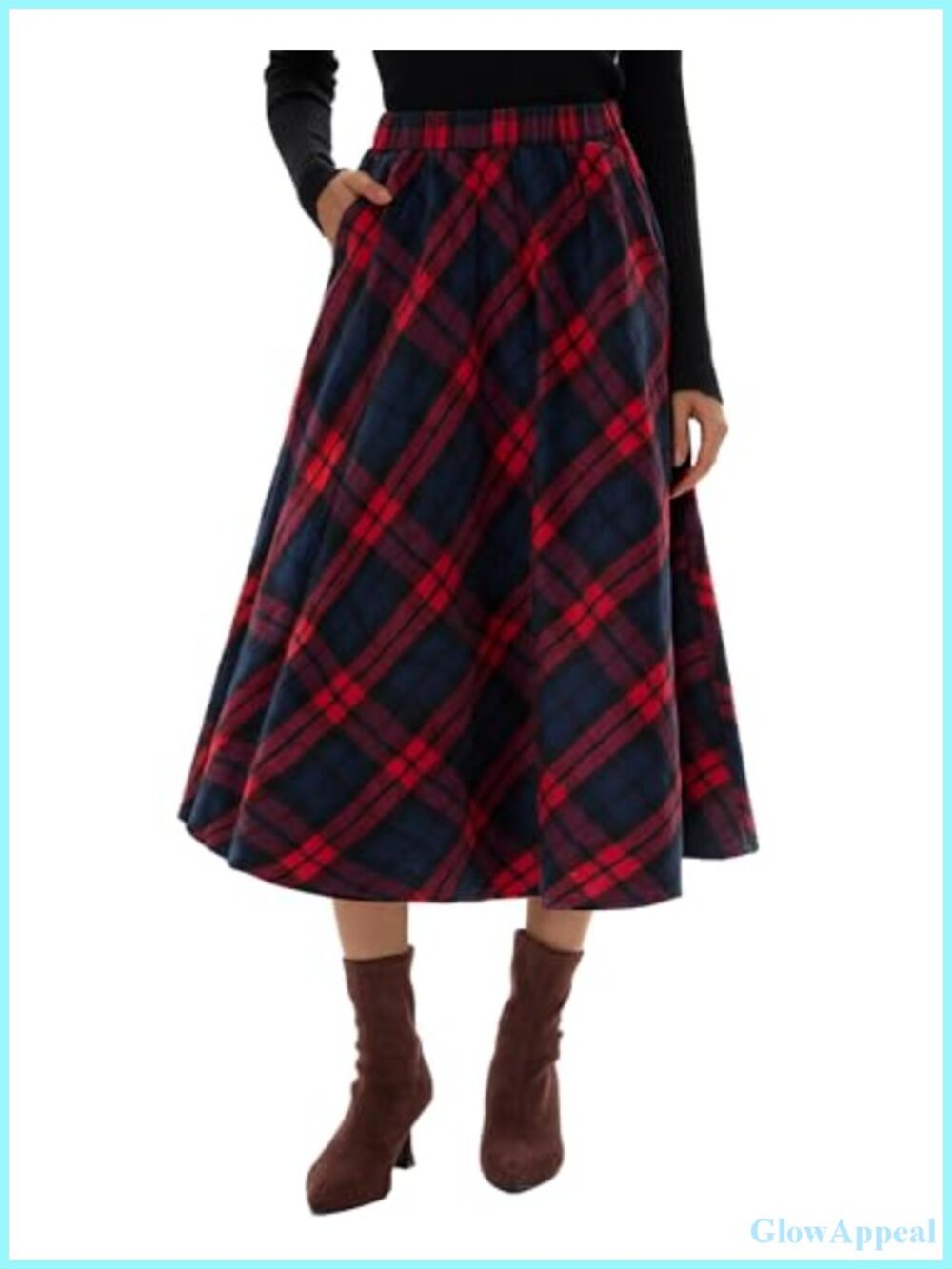Women's Long Plaid Wool Blend A-Line High-Waisted Skirt with Pockets